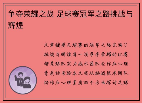 争夺荣耀之战 足球赛冠军之路挑战与辉煌