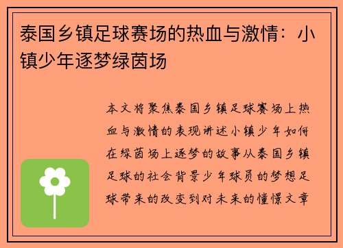泰国乡镇足球赛场的热血与激情：小镇少年逐梦绿茵场