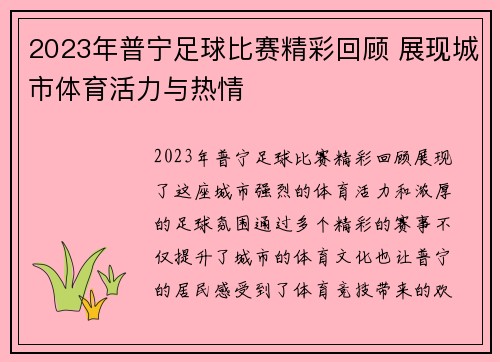 2023年普宁足球比赛精彩回顾 展现城市体育活力与热情