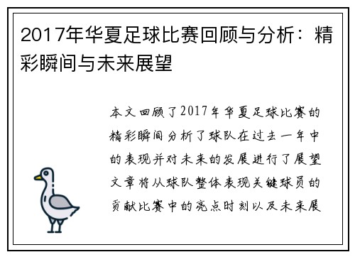 2017年华夏足球比赛回顾与分析：精彩瞬间与未来展望