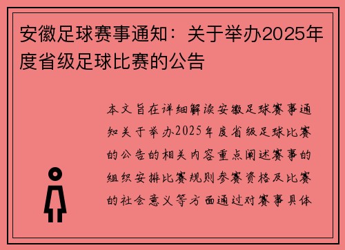 安徽足球赛事通知：关于举办2025年度省级足球比赛的公告
