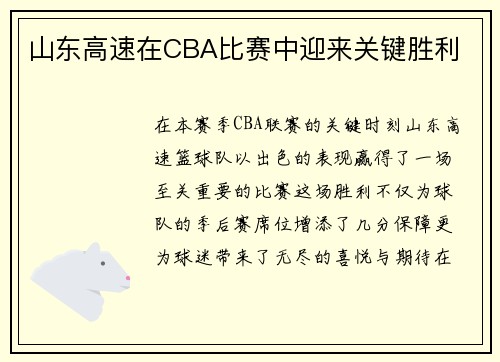山东高速在CBA比赛中迎来关键胜利