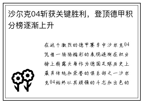 沙尔克04斩获关键胜利，登顶德甲积分榜逐渐上升