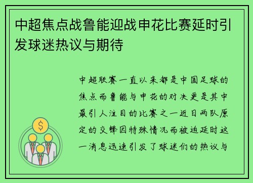 中超焦点战鲁能迎战申花比赛延时引发球迷热议与期待