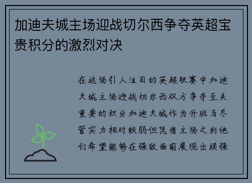 加迪夫城主场迎战切尔西争夺英超宝贵积分的激烈对决