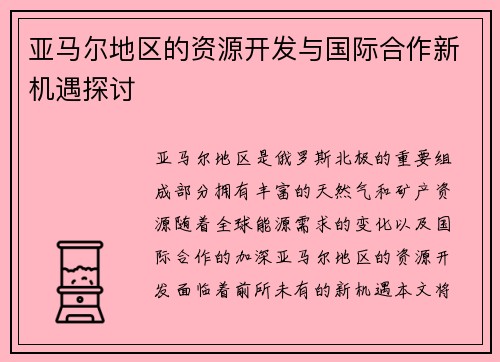 亚马尔地区的资源开发与国际合作新机遇探讨