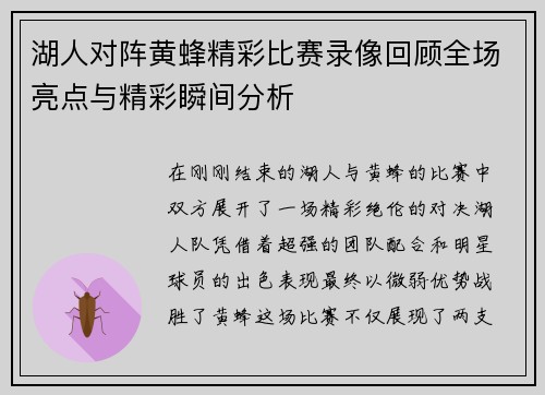 湖人对阵黄蜂精彩比赛录像回顾全场亮点与精彩瞬间分析