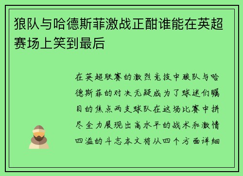 狼队与哈德斯菲激战正酣谁能在英超赛场上笑到最后