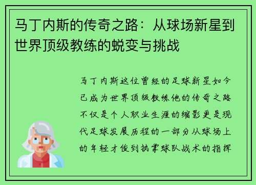 马丁内斯的传奇之路：从球场新星到世界顶级教练的蜕变与挑战