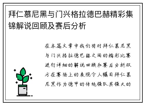 拜仁慕尼黑与门兴格拉德巴赫精彩集锦解说回顾及赛后分析