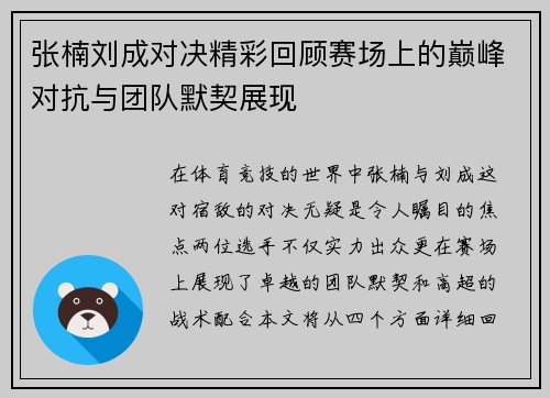 张楠刘成对决精彩回顾赛场上的巅峰对抗与团队默契展现