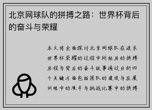 北京网球队的拼搏之路：世界杯背后的奋斗与荣耀